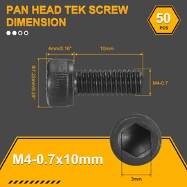 DTGN M4-0.7 x 10 Cylinder Screws with Hexagon Socket - Pack of 50 Allen Screws - for Cabinets 3D Printer Motorcycle - Rounded Head Screw Full Thread Carbon Steel DIN 912