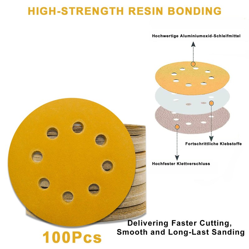 100 Pcs 125mm Sanding Discs Pads, Premium 8 Hole 80