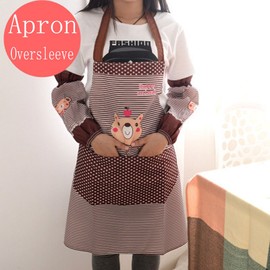 Abcsea Bib Apron and Oversleeves, Arms Sleeves and Apron with 2 pocket, Cartoon Bear Stripe Long Section Apron and Oversleeves - Brown