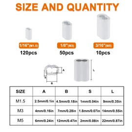 ISPINNER 180pcs Aluminum Crimping Loop Sleeve Assortment Kit, 1/16" 1/8" 3/16" Double Barrel Ferrule for Wire Rope Cable Line M1.5 M3 M5