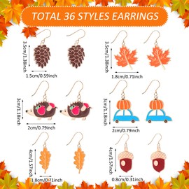 Sasylvia 36 Pairs Thanksgiving Earrings for Women Holiday Earrings Variety Pack Fall Drop Dangle Earrings Bulk Pumpkin Earrings Autumn Studs Earrings Cute Leaf Turkey Squirrel Chestnut