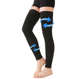 KEKING® Thigh High Compression Stockings Footless, Unisex, 20-30mmHg Leg Support Compression Sleeves with Anti-Slip Silicone Band, Opaque, Treatment Swelling, Varicose Veins, Edema, DVT, Black Large