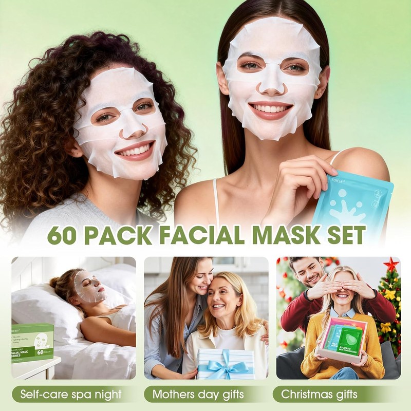 60 Pack Collagen Hydrating Face Mask, Bulk Sheet Face Masks