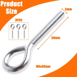Ormromra Pack of 3 Stainless Steel Eye Bolts, M5 x 30 mm Eye Bolt, Hooks for Screw Hooks, Eye Hooks, Large Eye Bolts, Screw Hooks for Hammocks, Awnings, Rocking Chairs