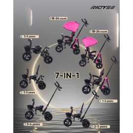 RIDYEE 7-in-1 Folding Toddler Tricycle for 18 Months to 5 Years, Tricycle Stroller with Dual Brakes, All-Terrian Rubber Tire, Tricycle for Toddlers with Rotatable Seat, Adjustable Push Handle, Pink