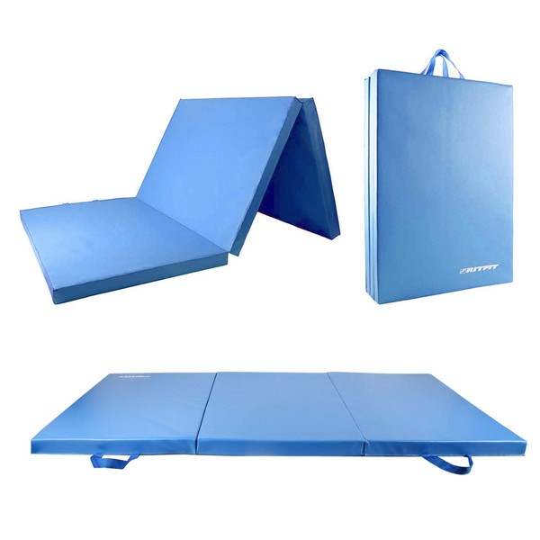 RitFit Upgraded Tri-Fold Folding Thick Exercise Mat 6’x3’ with Carrying Handles for MMA, Gymnastics, Stretching, Core Workouts (Sky Blue(3' x 6'))