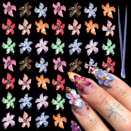 50PCS Flower Nail Art Charms,Kawaii 3D Resin Gradient Colorful Transparent Lily Nail Decoration with Multi-Use Tweezers,Spring Summer Floral Petals Nails Jewelry for Nail Design DIY Crafts Accessories
