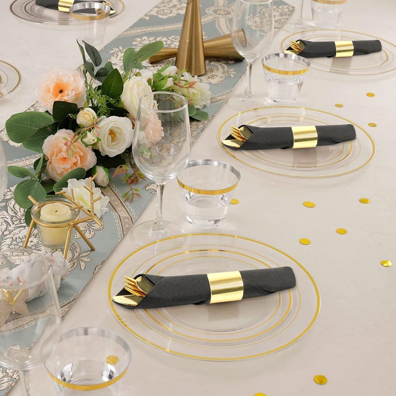 Dlebay 50 Pack Pre Rolled Gold Plastic Silverware Set,Wrapped Plastic