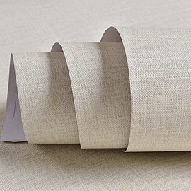 Beige Linen Wallpaper PVC Self-Adhesive Peel and Stick DIY Wallpaper Faux Imitation Cloth Vinyl Film Wall Sticker Solid Color Decorate Furniture Bedroom (15.8 in X 118 in)