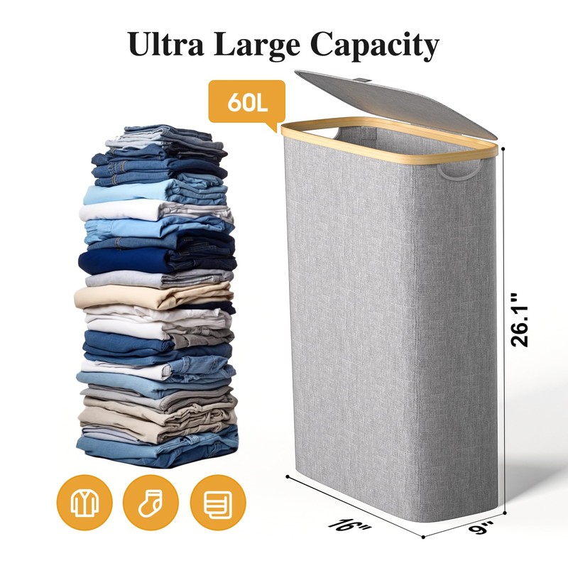 Slim Laundry Hamper, 60L Waterproof Narrow Laundry Basket with Lid