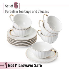 BTaT- White Tea Cups and Saucers with Gift Box, 7oz, Set of 6 Tea Cups Set of 6 with Gold Rim, Cup & Saucer Sets, Tea Cup Set of 6, Tea Cup Sets for Adults, Christmas Gifts