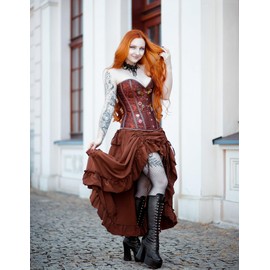 SCARLET DARKNESS Women's 2024 Summer Skirt Gothic Steampunk Skirt Victorian High-Low Bustle Skirt, New Ruffle-Brown, M