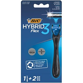 BIC Hybrid 3 Flex Refillable Men's Razor Kit, 90% Recycled Plastic Handle and 3-Blade Refills - Box of 1+2