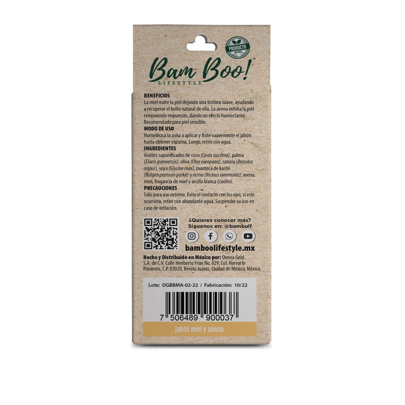 Jabón Artesanal Natural Miel y Avena 100 g Bam Boo!
