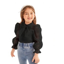 WDIRARA Toddler Girl's Mesh Sheer Long Sleeve Bowknot Mock Neck Frill Trim Blouse Top Black 3-4Y