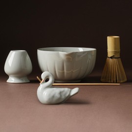 YIKG Matcha Whisk Set - 5PCS Japanese Tea Set Includes Matcha Bowl with Spout, Bamboo Whisk with Ceramic Holder, Bamboo Scoop and Sifter, Matcha Kit for Ceremony, Gift for Family/Friend (White/5PC)