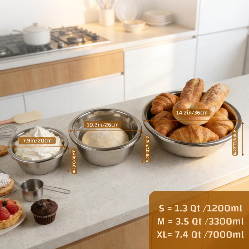 3-Piece Metal Mixing Bowl Set, Stainless Steel, Nesting