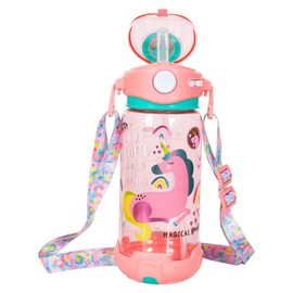 Kids Water Bottle with Straw/Lanyard for School Kids Girls Boys, 22 oz BPA Free Child Drinking Water Bottle One-Click-Open Leak-Proof Locking Flip Lid for Back to School Sport Travel