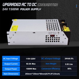 AC to DC 24V 62A 1500W Power Supply Universal Regulated Switching AC to DC Converter AC110V/220V SMPS Transformer Driver Adapter for DIY,LED Strip Light, CCTV Camera Security, RV(DC24V-62A-1500W)