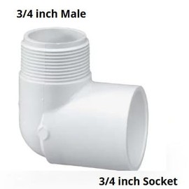 PVC 90 Degree Elbow Pipe Connector – MIP Male Pipe Thread x Slip Socket (3/4"Socket x 3/4"MIP)