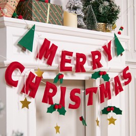 Banner de Navidad con bayas rojas y hojas, decoración de Navidad con estrellas doradas, guirnalda de Navidad de fieltro para pared, chimenea y ventana.