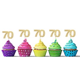 Sumerk 24PCS 70 Cupcake toppers Gold Glitter 70th Birthday Cupcake Picks Anniversary Party Decorations