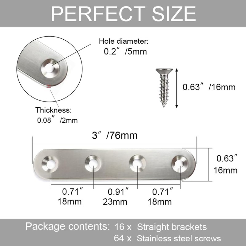 16 Pack 3 Inch Straight Flat Brace, Stainless Steel Flat