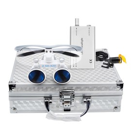 EustomA 2.5X Binocular Loupes Optical Glasses +3W LED Headlight Lamp with Filter + Aluminum Box Silver