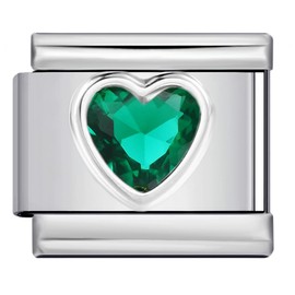 May Emerald Dark Green Smooth Love Heart Month Birth Year Birthday Stone Anniversary Birthstone Crystal Silver Italian 9mm Link Stainless Steel Bracelet Charm Compatible With Nomination