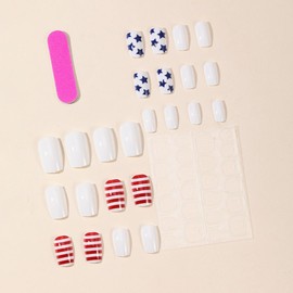 4th of July Square Press on Nails Short, Independence Day Fake Nails with Stars Designs White Full Cover False Nails Glossy Glue on Nails for Independence Day Holiday Nail Tips Nail Decoration 24Pcs