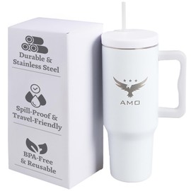 AMO 40 oz Tumbler With Handle and Straw - Vacuum Insulated Double Wall, Stainless Steel, Travel Friendly Water Bottle, Keeps Drinks Hot or Cold, Leak-Proof Design, Ideal for Outdoor & Daily Use- White