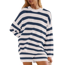 Panadila Womens Striped Sweater Set Oversized Lounge Sets Matching Pajamas Long Sleeve Sweater Top and Shorts (Blue White,L)