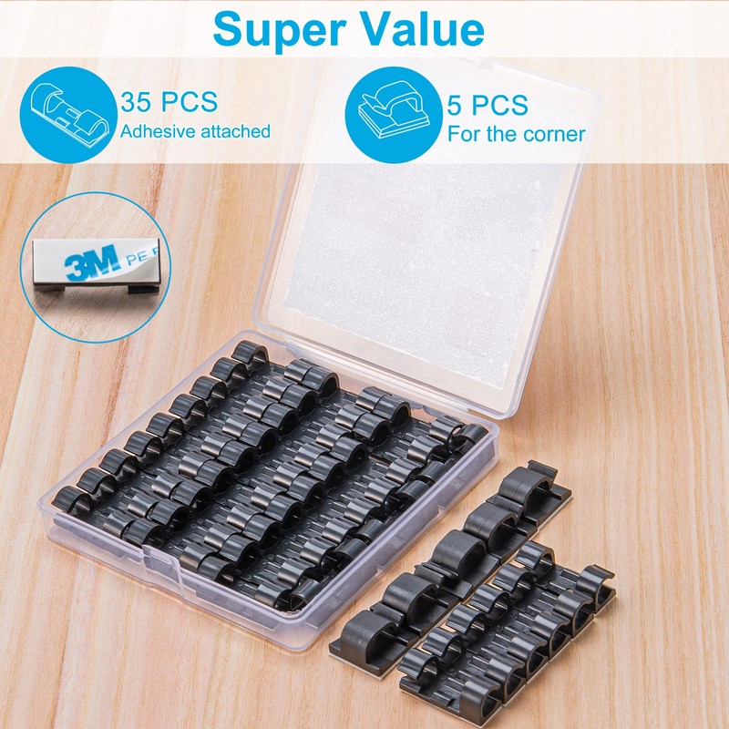 Self-Adhesive Cable Clips Black (40PCS, M), Upgraded Wire Clips for