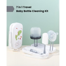 6-in-1 Travel Baby Bottle Brush Cleaning Kit, Travel Bottle Cleaner Kit with Silicone Bottle Brush, Nipple Brush, Straw Brush, Drying Rack, Dispenser, Organizer, Baby Travel Essential - White