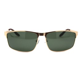 SA106 Mens Polarized Spring Hinge Rectangular Metal Rim Dress Sunglasses - Gold Green
