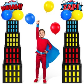 Leitee 40 Pcs Hero Theme Party Decoration, Hero Theme Party Favor Boxes with Balloons and Cutouts, Skyscraper Centerpiece Boxes City Skyline Buildings Photography Backdrop for Birthday Decor(Colorful)