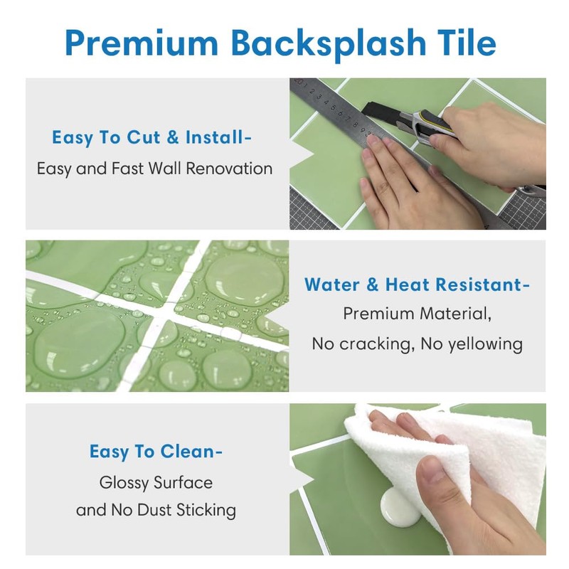 COMSTICKC Thicker Green Peel and Stick Backsplash,10 Pcs of 12''x12'',