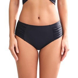 COCOPEAR Full Coverage Bikini Bottoms for Women Mid Rise Bathing Suit Bottoms for Women Ruched Tummy Control Swim Bottoms, Black, 3X-Large