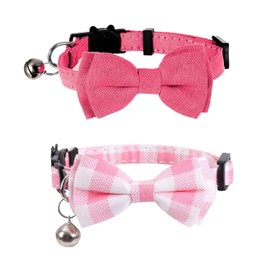 2 Pcs Kitten Bow Tie Collar with Bell Cute Cat Collars for Girl Cats Breakaway Safety Collars Plaid Solid Color Gift Pet Collar Set djustable Small Puppy Safety Pet Collar