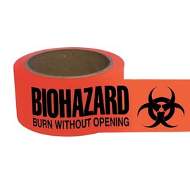 ChromaLabel 2 Inch Biohazard Burn Without Opening Safety Warning Caution Tape, High Visibility Weatherproof Permanent Adhesive PVC Tape, 55 Yard Roll, Fluorescent Red