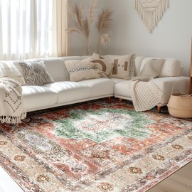 BESTSWEETIE 9x12 Area Rugs Machine Washable No Pile Non Slip Vintage Rugs for Living Room&Bedroom&Dinning Room Bohemian Distressed Carpet Indoor,Brick