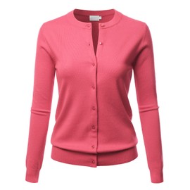 LALABEE Women's Crew Neck Gem Button Long Sleeve Soft Knit Cardigan Sweater Coral S