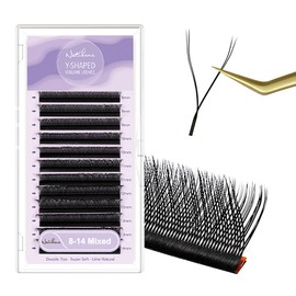 NATUHANA YY Eyelash Extension 0.07 mm LU Curls 8-14 mm Mixed Makeup Tray Eyelash Accessories Prefabricated Fans Y-Shape Volume Eyelash Extension (8-14 Mix, Black 0.07LU)