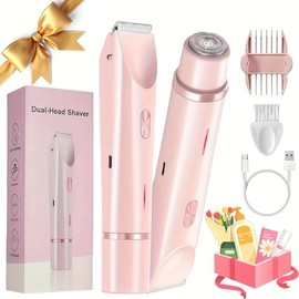 Bikini Trimmer for Women, Electric Shaver and Razor Rechargeable 2-in-1 Body and Facial Epilator, Dual Heads for Painless Trimming of Pubic Hair, Face, Underarms and Legs, IPX7 Waterproof,Outdoorfun,Christmas New Year Gift Shaving Grooming
