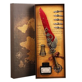 Quill Pen and Ink Set Vintage Elegant Style Smoothly Writing Exquisite Feather Pen and Ink Set for Home School Office Wine Red