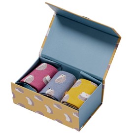 Purple Possum® Hedgehog Socks Gift Box Ladies 3 Pair Pack Hedgehogs Ankle Socks Bamboo Cotton Blend