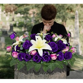 SUHOOKOO Cemetery Flowers for Grave Decor, Silk Lily Rose Tulip Headstone Flower Saddle,Tombstone Flower - Bright and Colorfast,Purple/White,2 Lovely Butterflies Included