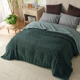 Bedsure Sherpa Queen Size Blanket for Bed - Fleece Soft Cozy Fuzzy Cable Blankets for Women, Thick Warm for Winter and All Seasons, Dark Green, 90x90 Inches
