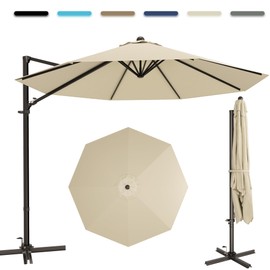 Greesum 10FT Outdoor Patio Umbrella with High Pedel and 4 Gear Heights, Large Offset Market Umbrella with 360-degree Rotation, Without Base, Hanging Outdoor Shade for Garden, Lawn, Pool, Beige