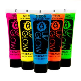 UV Body Paint Black Light Fluorescent Make-Up Body Painting Neon Colours Fluorescent Colours (10 ml x 5)